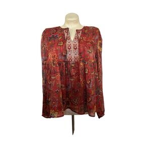 Women's XXL Frye & Co Rust & Floral Print Boho Top gold Metallic & Tassel Accent